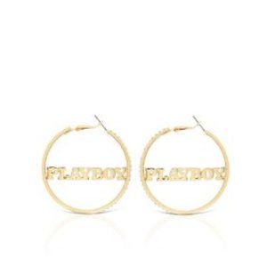Playboy Gold CZ Nameplate Hoop Earrings